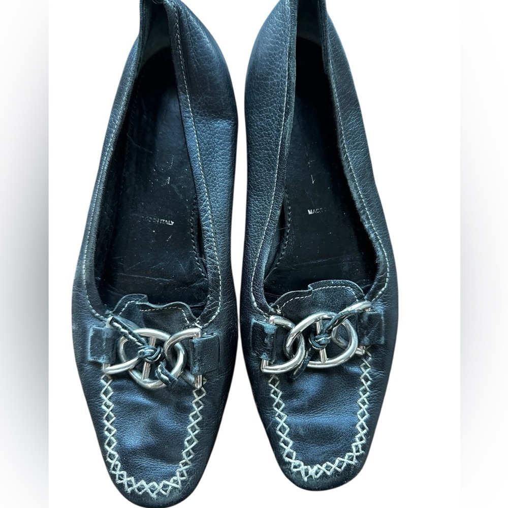 PRADA Black Leather Chain Link Loafer Moccasin Flats (35)